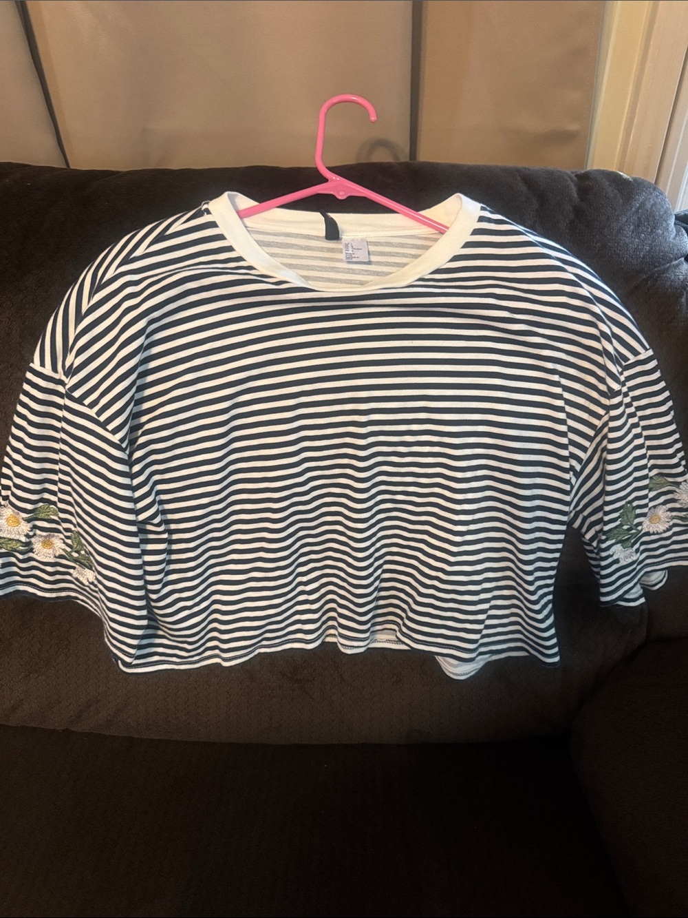 Divided Navy & White Striped Cropped Tee with Daisy Embroidered Sleeves